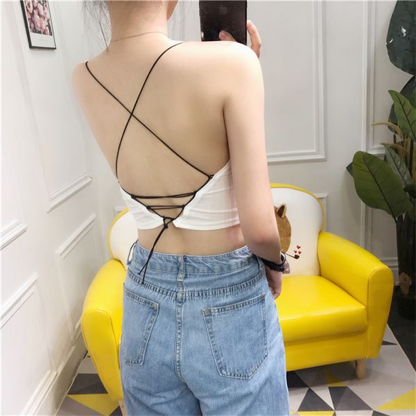 

women's tanks & camis girls slim backless with seperated pads women crossed straps padding crop for, White