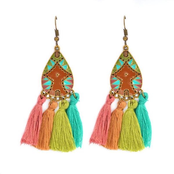 

european vintage enamel water-drop geometric colorful tassel long dangle drop earrings for women wedding bridal charm jewelry, Silver