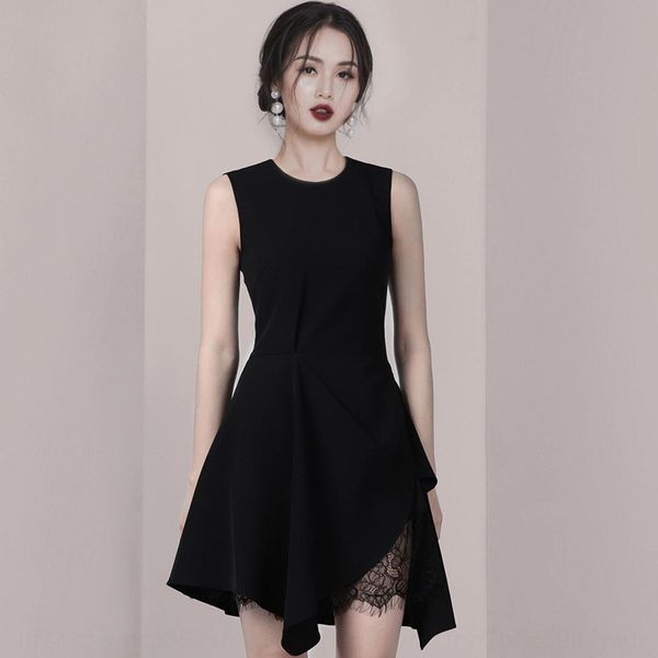 

4md2a 2019 summer new elegant fashionable round neck sleeveless slim irregular black for women 2019 summer new elegant dress fashionable rou, Black;gray