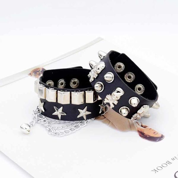 

designer jewelry punk multi-layer five-star leather wide bracelet combination set domineering skull rivet hip-hop bracelet jewelry couple br, Silver