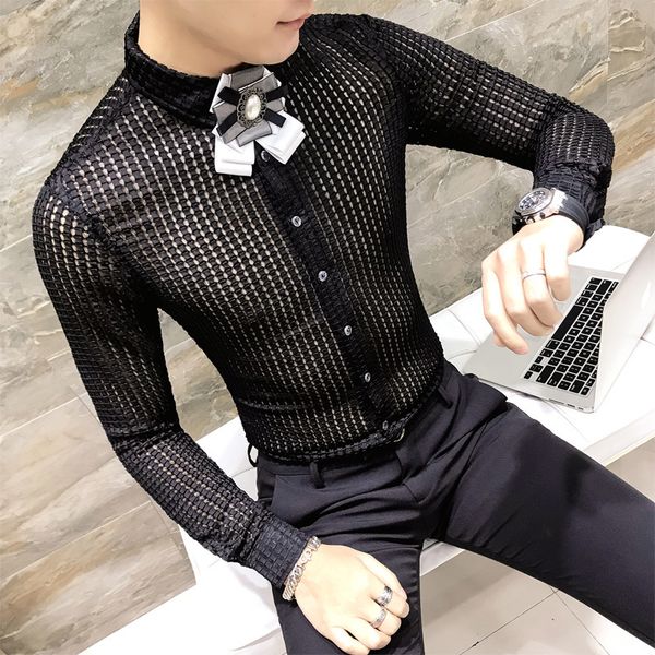

dress shirt men see through shirt fashion designer casual slim fit long sleeve club prom party camisa social masculina, White;black