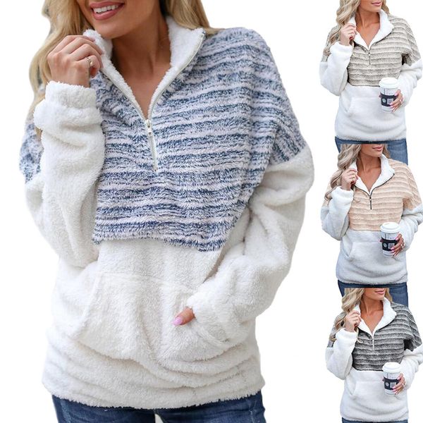 

cross-border womens autumn and winter fashion plush new v-neck zipper long sleeve color matching warm sweater jacket, Black