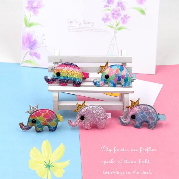 

korean children's cute sequins cartoon creative fantasy colorful elephant hairpin winter gold powder sequins girl's mouth clip, Slivery;white