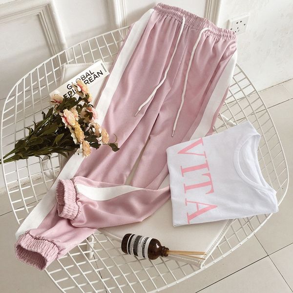 

2020 новые женщин лета вскользь костюма новая корейская футболки брюки и стиль костюма женского студента футболка контраст цвет харлан брюки, Gray