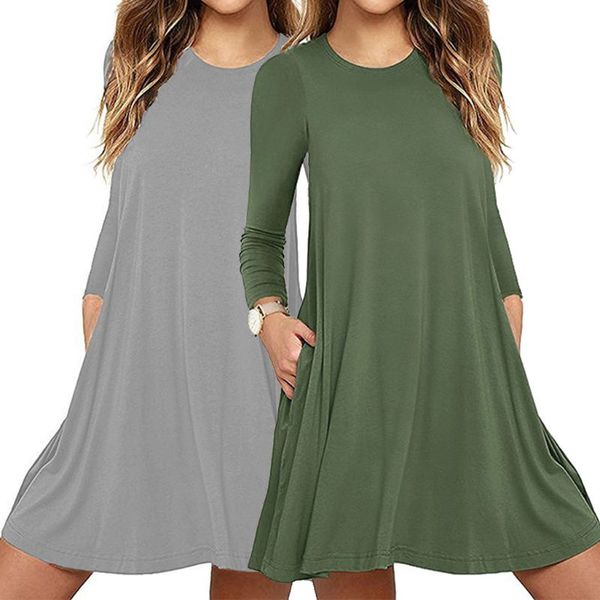 

womens autumn long sleeve round neck plain t-shirt dress solid color pleated swing casual loose pullover streetwear with pockets, Black;gray
