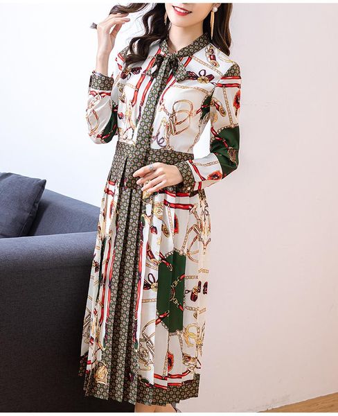 

tie-in long sleeve waist retro print 100-pleated runway show mid-length dress women 2020 spring new, Black;gray