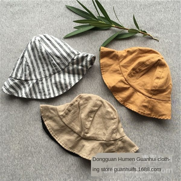 

korean style bucket bucket cotton children's hat korean 1 1 made striped stitching three-color fisherman hat, Blue;gray