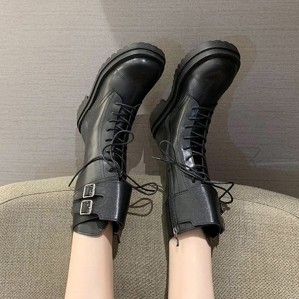 

women's mid calf boots flat heel lace up boots-women autumn shoes round toe booties ladies luxury designer 2020 black sports
