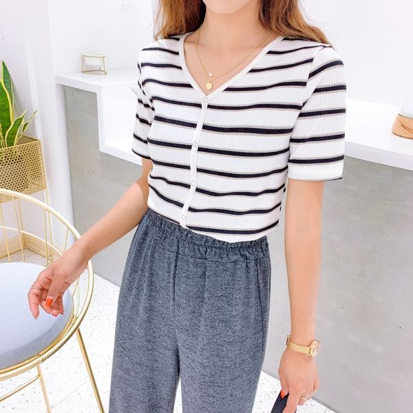 

pomelo short-sleeved women's fashion short v-neck slim striped t-shirt t-shirt stretch tight in 2020, White