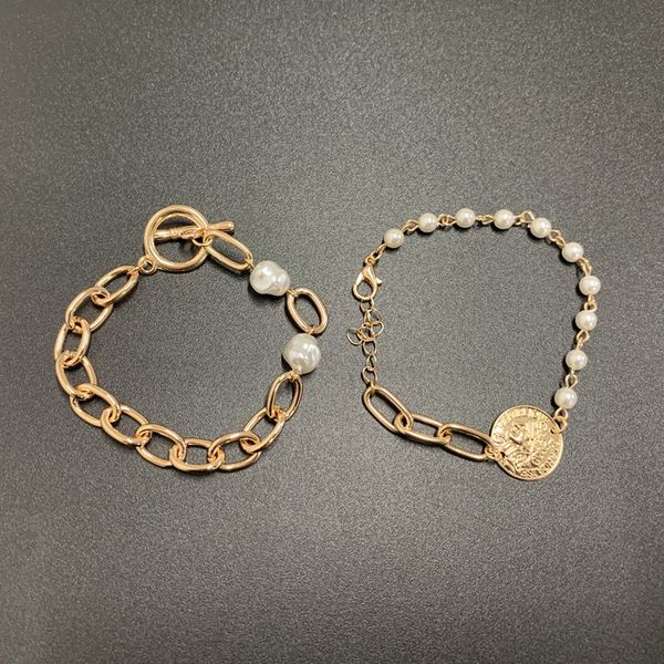 

new recommended simple style women's bracelet personalized fashion coin pearl combination chain bracelet, Golden;silver