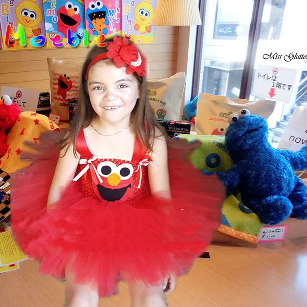 

cute cartoon girls party dress baby kids cosplay elmo tutu dresses christmas costume children new year pageant ball gown, Red;yellow