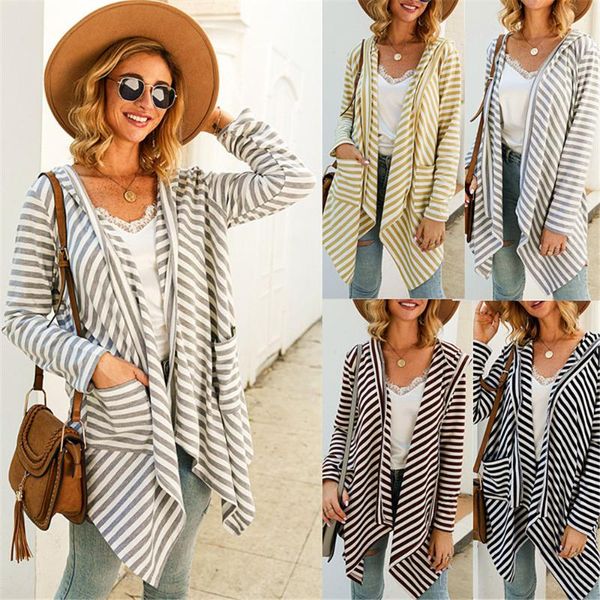 

women's striped knitted coats jacket spring autumn striped long sleeve female irregular pocket mid-long coats cardiance, Black;brown