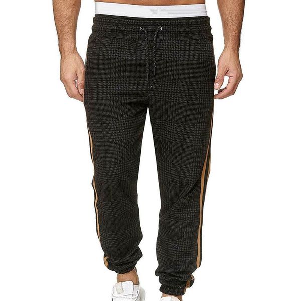 

men's pants men casual pocket stripe plaid print drawstring long pantsÂ ankle-tied trousers ankle-tied trouser, Black