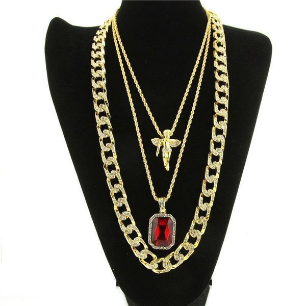 

mens hip hop necklace jewelry new ruby pendant necklace 3pcs/set fashion cuban link chain jewelry set, Silver