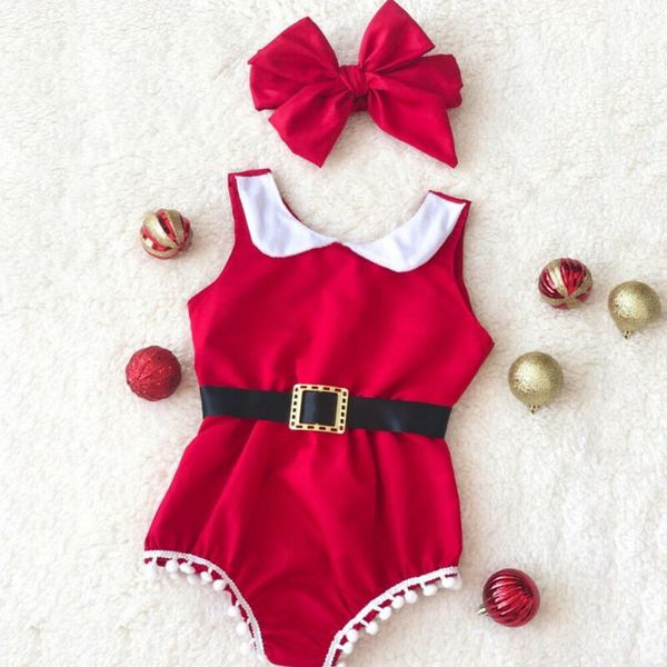 

2019 brand 0-24m christmas baby girl clothes tassel sleeveless patchwork jumpsuit headband xmas party outfit santa costume, Blue