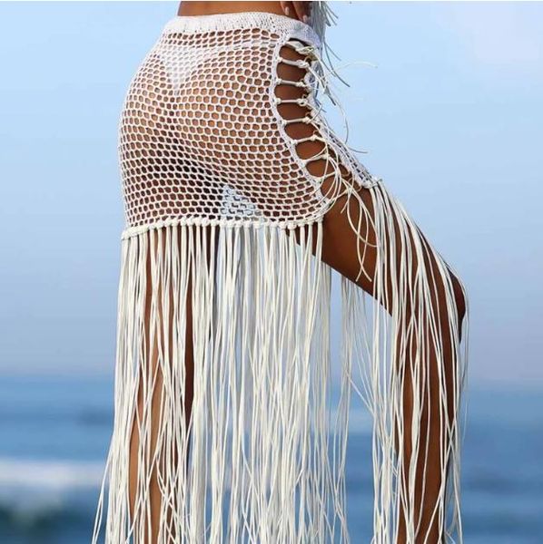 

2020 knitted tassel bikini bottom beach cover ups beach dress wear women tie up hallow out bather bathing suit, White;black