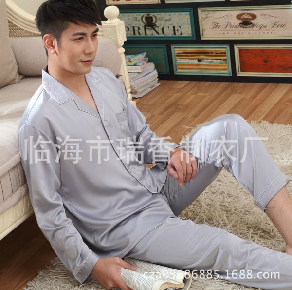 

весна и осень мужской шелк искусственного шелка с длинным рукавом костюм пижамы специальной цене мужские высокие пижамы качества, Blue;red