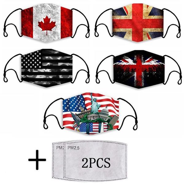 

children universal face mask fashion flag 3d printing mask dust-proof washable reusable adjustable face mask with 2 pcs pm2.5 zzlbr