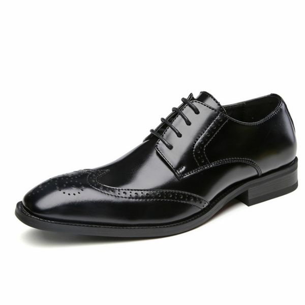 

mens casual business office formal dress genuine leather brogue shoes lace-up gentleman carved bullock shoe zapatos de hombre, Black