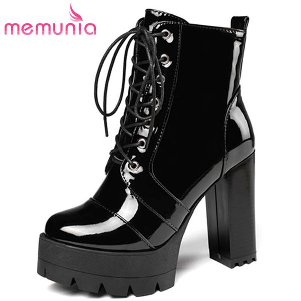 

memunia 2020 new arrive women ankle boots round toe lace up zip autumn winter high heel platform boots ladies dress shoes, Black