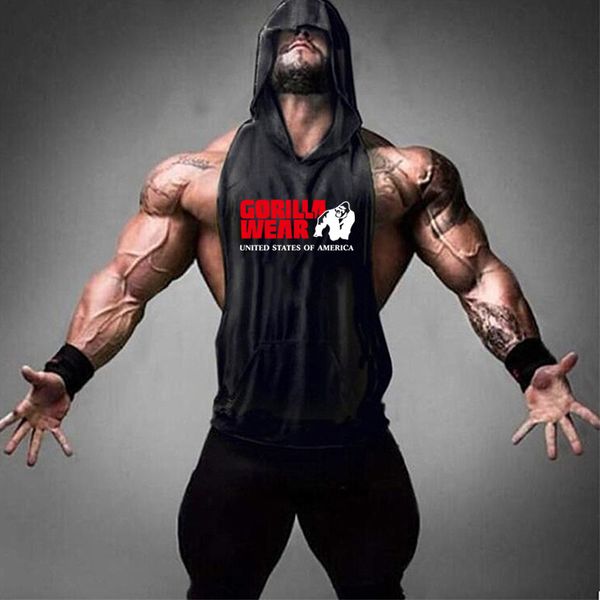 

2020 new men's hooded vest cotton gym vest fitness sleeveless sportswear running jogging suit gorilla print, Black;blue