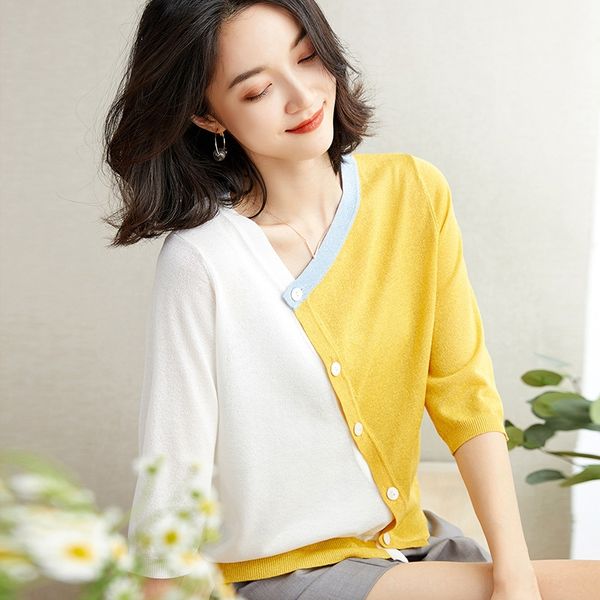

fashion t- silk oblique v-neck mid-sleeved t-shirt women's 2020 new color matching thin ice silk knitted shirt short, White
