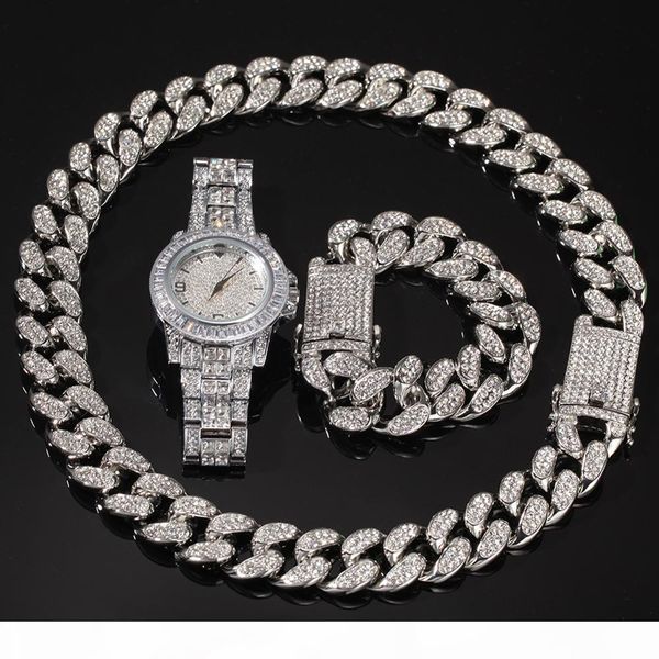

3шт набор mens hip hop iced out bling цепи ожерелье браслеты кубинский звеньевые цепи ожерелья hiphop комплекты ювелирных изделий, Silver