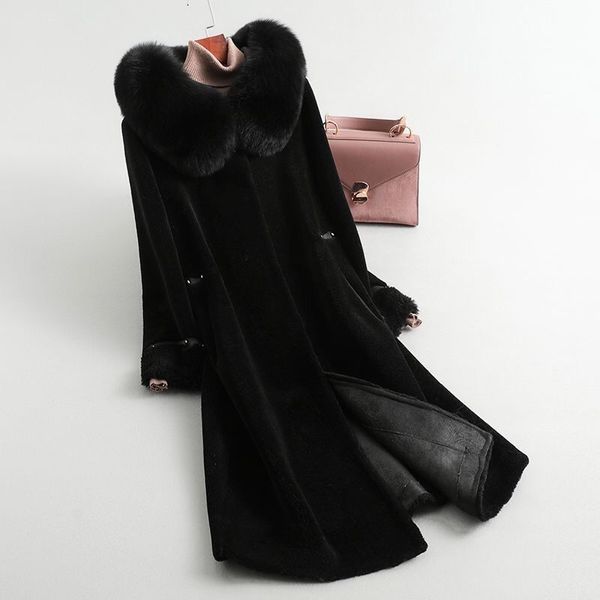 

2020 fashion women real sheep fur jacket soft natural sheep shearing thick long outerwear lady hooded fur collar coat a229, Black