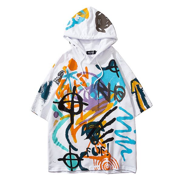 

graffiti hooded short-sleeved t-shirt men's summer thin section european and american tide brand hip-hop sports style loose half-sleeve, White;black