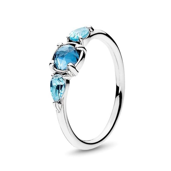 

100% 925 sterling silver blue patterns of frost gemstone ring with logo and pandora original box ice drops crystal engagement ring for women, Slivery;golden