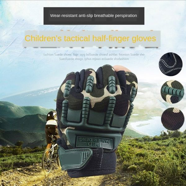 

0inh0 children's tactical half finger 5-13 weeks army fans children outdoor outdoor sports bicycle gloves sports mountain bike anti-ski, White