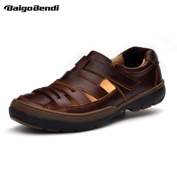 

sandals summer men close toe genuine leather hollow out comfy sport outdoor breathable hook loop man beach shoes, Black