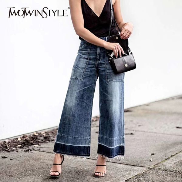 

twotwinstyle denim wide leg брюки женские завышенной талией джинсы женские брюки с большими карманами повседневная одежда корейский 2020 осе, Black;white