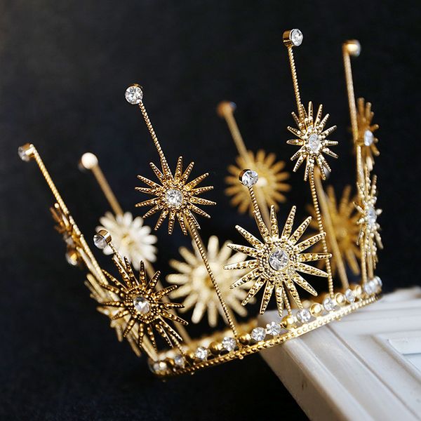 

birthday cake decoration baking crown sun flower iron rhinestone decoration round tiara queen crown bridal jewelry mx200720, White;golden