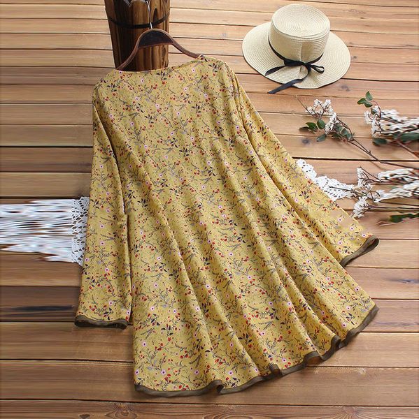 

plus size fashion casual linen floral print floral blouse irregular loose tee female womens long sleeve shirt blusas pullover, White