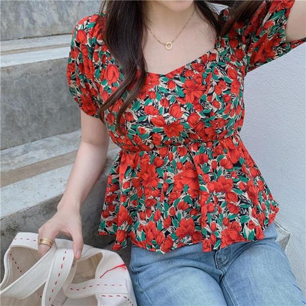 

women summer vintage floral v neck waist tight short sleeve t-shirt, White