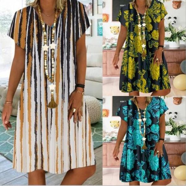 

large size loose striped women dresses 2020 summer dress casual printing v-neck short sleeve women dress 5xl, Black;gray