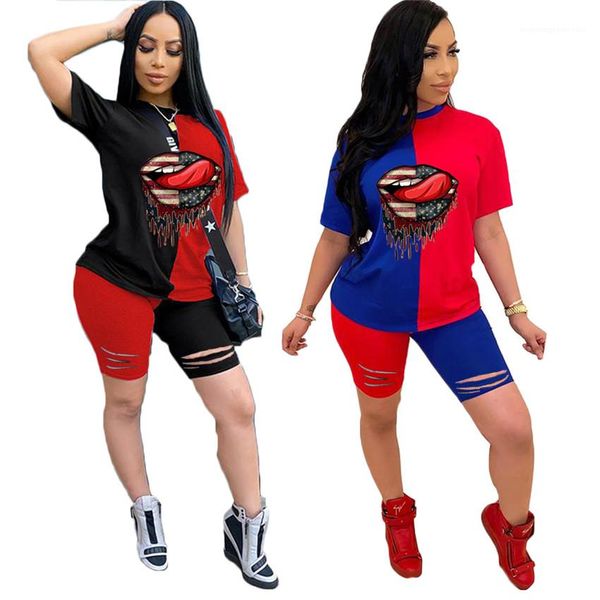 

holes designer lips womens tracksuits patchwork o-neck short sleeve ladies two pieces outfits summer woman sports casual sets, Gray