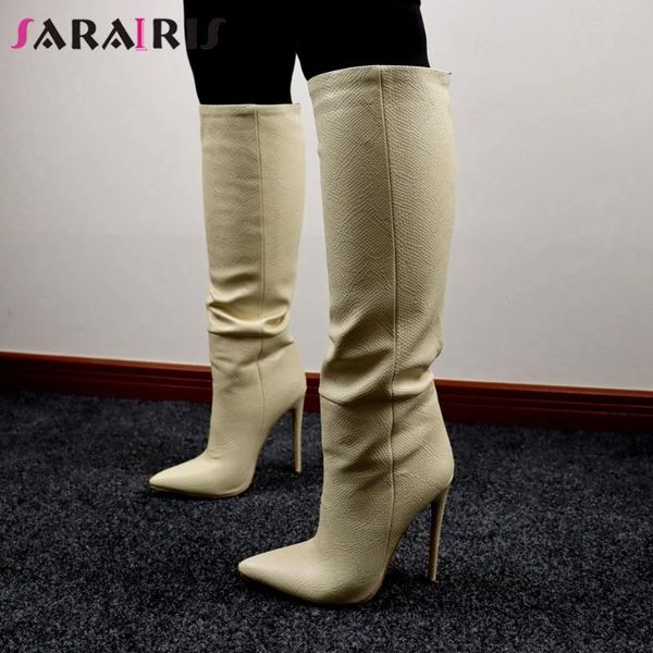 

sarairis high thin heels dress boots wild pleated boots women runway show brand pointed toe mid-calf shoes woman, Black