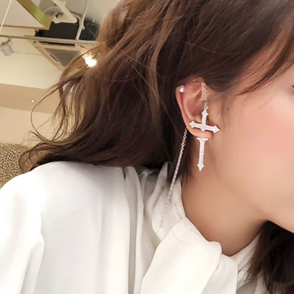

korean trendy single detachable cross shiny rhinestone earrings temperament long tassel crystal drop pendientes women jewelry, Silver