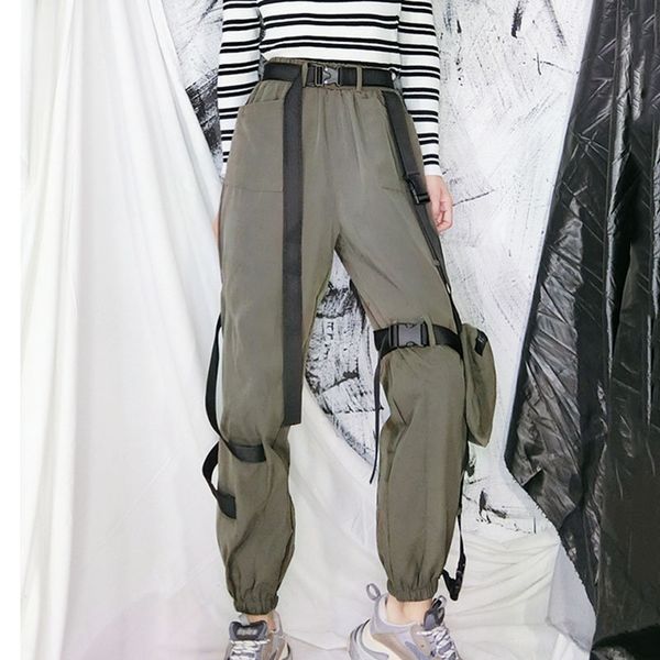

xuxi korea style buckle ribbon overalls trend hip hop women pants streetwear loose pocket sweatpants wild women clothes fz0599, Black;white