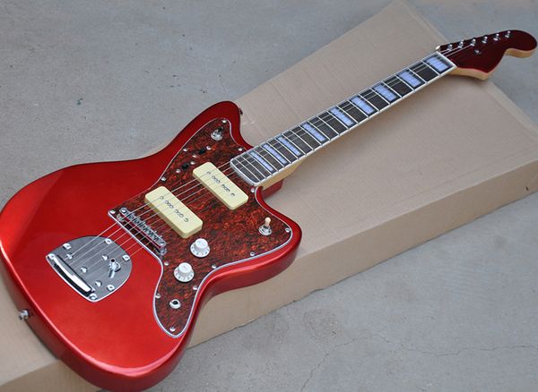 

factory wholesale metallic red electric guitar with p90 pickups,red pearled pickguard,strings-thru-body,can be customized as reques