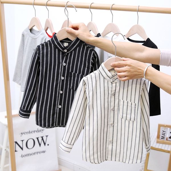 

ox2bt boy's tong chen shan tong chen shan children's shirt long sleeve korean style fashion stand collar vertical stripe shirt new, White;black