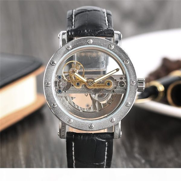 

e luxury hollow automatic mechanical men fashion black leather wrist watches transparent skeleton business casual self wind clock, Slivery;brown