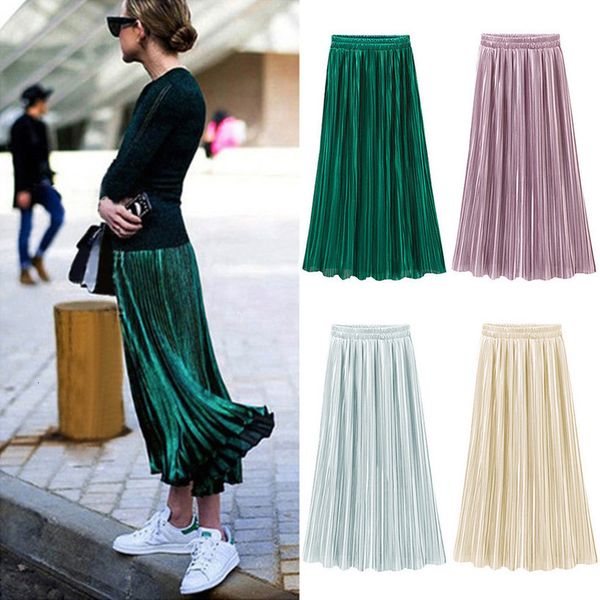 

new ladies women silky long maxi skirts pink beige green silver yellow solid high waist pleated skirt  falda 6, Black