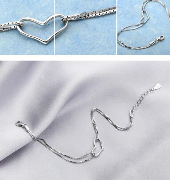 

925 sterling silver plated ювелирные изделия браслет девушки женщин сердце с rhinestone звено цепи подвеска шарм браслет европейского стиля, Black