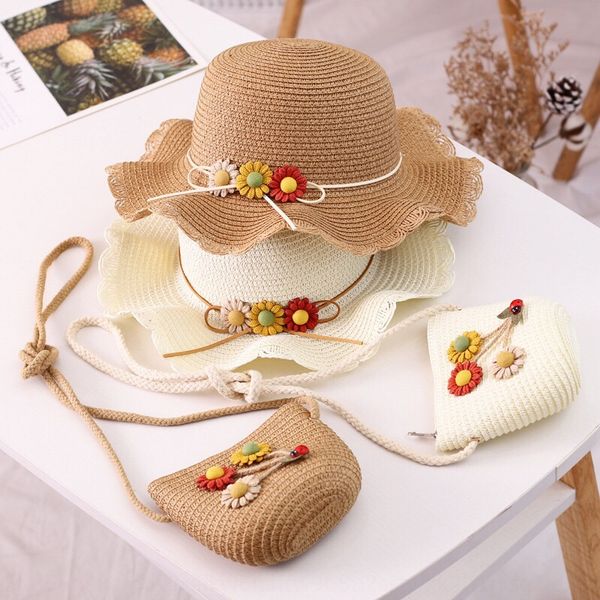 

children's sun straw straw girl's big eaves sun parent-child beach hat women's hat bag set, Blue;gray