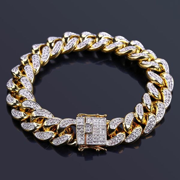 

14mm full cz zircon paved bling ice out cuban miami curb link chain bracelets for men rapper jewelry, Black