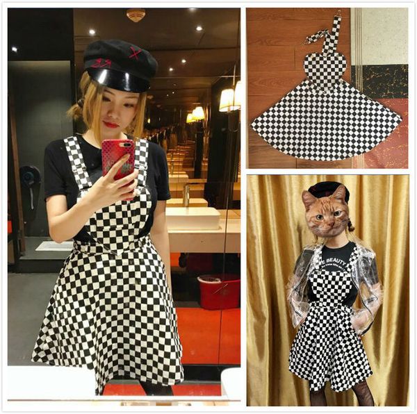 

2020 women heart cut plaid suspender skirts straps jumper skirt checkered high waist a line skater skirt overalls plaid skirts, Black
