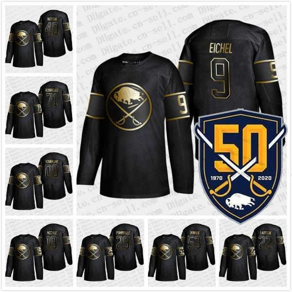 

2019 golden edition 50th patch buffalo sabres jack eichel 26 rasmus dahlin 15 jack eichel 90 ryan o'reilly blank hockey jersey 100% sti, Black;red